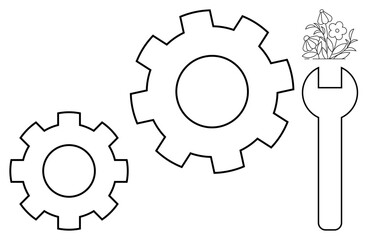 Engineering, eco-friendly innovation, repair services, sustainability, mechanics, and design. Two gear outlines with a wrench adorned by flowers. Engineering and eco-friendly innovation concepts