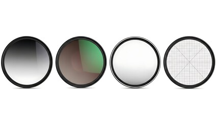 Set of Four Circular Camera Lens Filters on White Background.