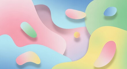 Soft Pastel Abstract Background with Layered Wavy Shapes and Floating Elements