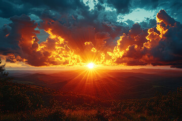 Vivid golden sunset breaking through dark storm clouds over a vast mountain landscape, with glowing sun rays illuminating rolling hills and a tranquil wilderness.