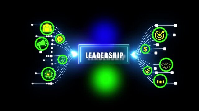 Modern business leadership, concept banner with neon glowing icons representing strategic growth, financial achievement, technology innovation,n marketing excellence, and proactive corporate 
