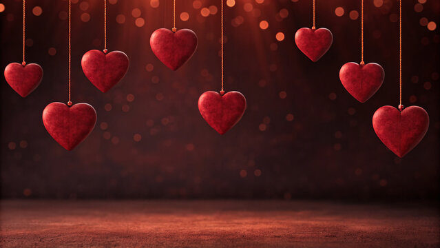 Red hearts hang from strings in a warm setting with soft lights shining in the background during a festive event