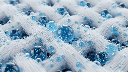 Water droplets on white fabric with blue hues and soft texture