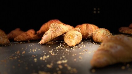 Golden brown croissants cooling after baking on a metal tray in a bakery. Traditional French pastry with crispy layers, shallow depth of field and commercial food production setting. Dark background 