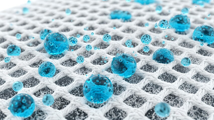Water droplets on white mesh surface with blue bubbles