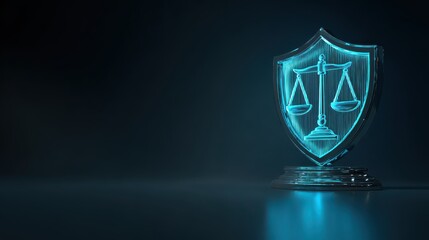 Blue glowing justice shield symbolizing law and order with scales of justice in a dark background for legal and judicial concepts and designs