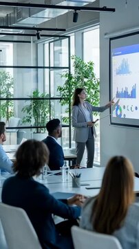 Dynamic Business Presentation: A Confident Speaker Engaging an Audience with Visual Data Insights in a Modern Conference Room Setting