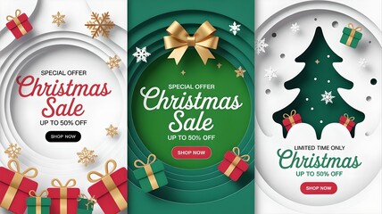 Christmas Sale poster clipart set. Christmas Sale 50% off shopping discount clip art with colorful paper cut style ball, pine tree shape and gift box elements Christmas limited time advertisement
