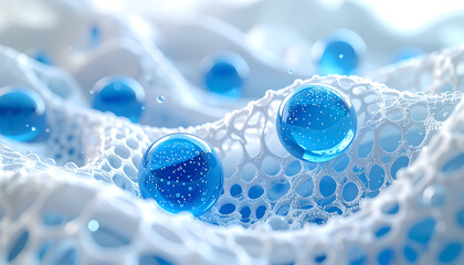 Blue gel beads in white honeycomb structure close-up