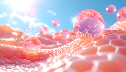 Vibrant pink bubbles serum on a close up skin surface in sunlight