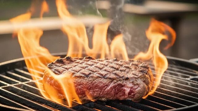 Steak searing on hot grill over bright flames, emphasizing gourmet meal.