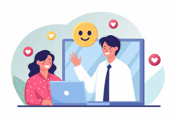 People connecting through video call featuring a smiling face and heart icons