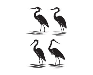 Obraz premium Heron bird silhouette, Heron shallow water silhouette vector illustration set collection, heron silhouette, heron bird silhouette, heron standing silhouette, heron in shallow water silhouette,