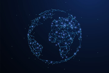 Globe. Simple polygonal wireframe mesh looks like constellation on blue night sky with dots and stars. Transport, internet, global or other concept illustration or background

