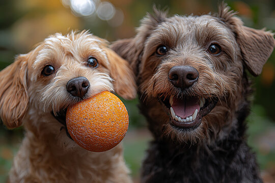Two cheerful dogs pose close together outdoors, one holding a textured orange ball in its mouth, with soft natural light and a blurred background of autumn colors.