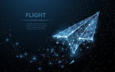 Paper airplane. Low poly wireframe mesh looks like constellation on dark blue background with dots and stars. Stardust trail effect. Travel, freedom and aviation concept illustration or background

