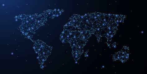 World map. Polygonal wireframe mesh looks like constellation on blue night sky with dots, stars. Travel, internet, Earth or other concept illustration or background   © Littlemose