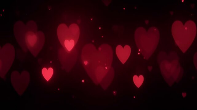 Floating red heart shaped bokeh lights on dark background. Romantic Valentines Day or love themed abstract design