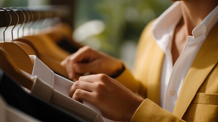 Obraz premium A personal stylist preparing outfit combinations on hangers, labeling looks for work, travel, and special occasions. cinematic color correction, natural uneven lighting yet gentle backlight, soft