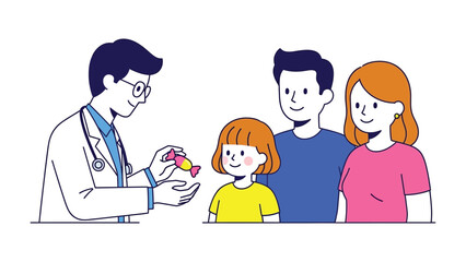 Family Visit at Clinic: A warm scene unfolds at a clinic, with a doctor interacting kindly with a young patient and her parents, embodying trust and care. 