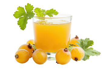 Glass of gooseberry juice with fresh gooseberries and leaves isolated on transparent background. Fresh Indian gooseberry with juice and leaves isolated on white background.