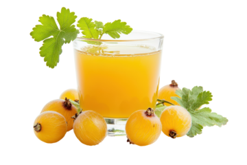 Glass of gooseberry juice with fresh gooseberries and leaves isolated on transparent background. Fresh Indian gooseberry with juice and leaves isolated on white background.