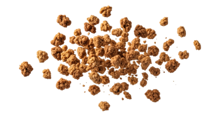 Brown cereal pieces floating isolated on a transparent background food