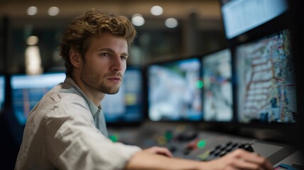 Fototapeta premium A transportation control room managing subway schedules, train spacing, and platform safety, with real-time passenger density models guiding operational decisions. cinematic color correction,