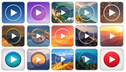 Grid of 15 square icons with white play buttons on varied backgrounds including gradients and landscapes.