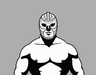 Illustration of a Luchador Wrestler in a Mask: A Black and White