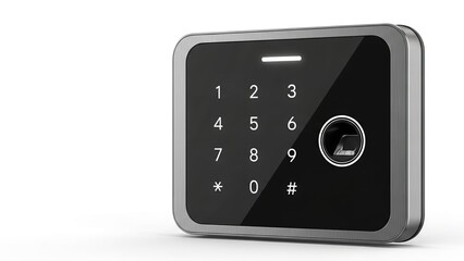 Electronic keypad lock with silver frame and black screen isolated on white background