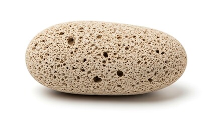 A light brown oval-shaped natural pumice stone with many small holes on a isolated on white background