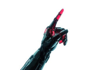 Robotic hand pointing upwards isolated on transparent background. Futuristic android hand pointing upwards isolated on white background.