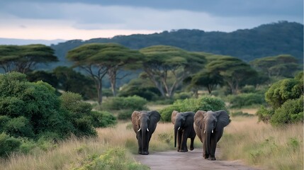 Obraz premium A conservation team using GPS trackers to monitor elephant migration routes, digital maps updating in real time as herds move across savannah landscapes. cinematic color correction, natural uneven