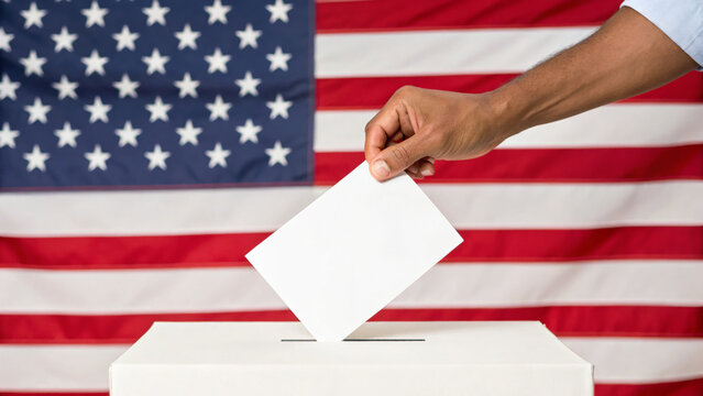 A hand in a blue checkered shirt sleeve is placing a white ballot in a box. The American flag is displayed in the background, symbolizing United States elections.