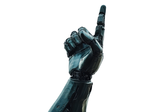 Robotic hand pointing upwards isolated on transparent background. Futuristic android hand pointing upwards isolated on white background. - Powered by Adobe