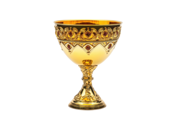 Ornate golden goblet with intricate patterns isolated on transparent background. Golden goblet trophy isolated on white background.