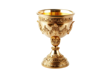 Ornate golden goblet with intricate patterns isolated on transparent background. Golden goblet trophy isolated on white background.