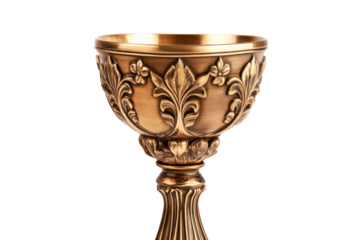 Ornate golden goblet with intricate patterns isolated on transparent background. Golden goblet trophy isolated on white background.