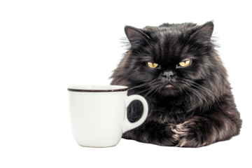 Fluffy black cat with yellow eyes sitting next to a white coffee mug isolated on transparent background. Grumpy black cat with a coffee mug isolated on white background.