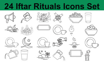 Outline set of 24 iftar rituals icons capturing various aspects of fasting breaking during ramadan celebration