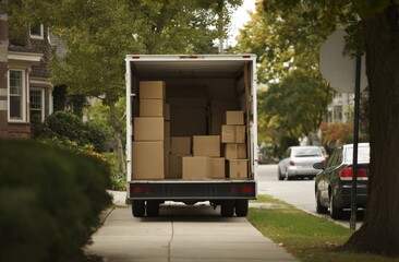 Moving truck on suburban street with boxes in open back during autumn day