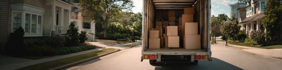 Moving truck on suburban street with boxes on a sunny day