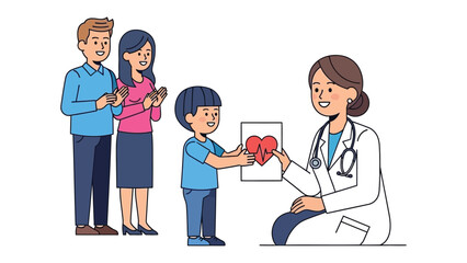 Child Doctor Visit: A young patient shares a heart illustration with a caring doctor, parents watch attentively and are happy. Illustrating patient care.