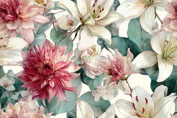Elegant, chic vintage seamless repeatable pattern featuring delicate watercolor print with lilies and dahlias