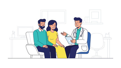 Consultation in Clinic: A doctor engaged in a thoughtful consultation with a couple, offering expert advice, in a clean, modern medical setting. 