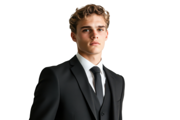 Young businessman in a suit and tie looking at the camera isolated on transparent background. Handsome young businessman in formal suit with confident expression isolated on white background.