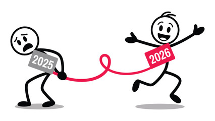 new year transition concept illustration showing moving from 2025 to 2026 with stick figures connected by red line, creative metaphor for change, progress and fresh start 