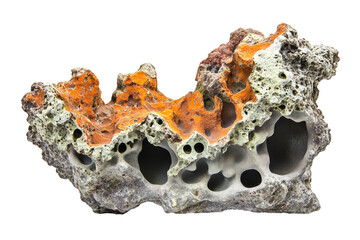 Obraz premium Unique porous rock formation with orange and white textures isolated on transparent background. Heavy reef rock with unique texture and color variations isolated on white background.