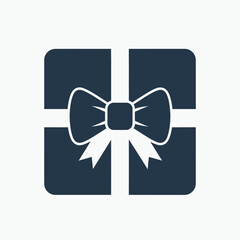 Simple flat icon of a dark gift box with a white ribbon and bow.